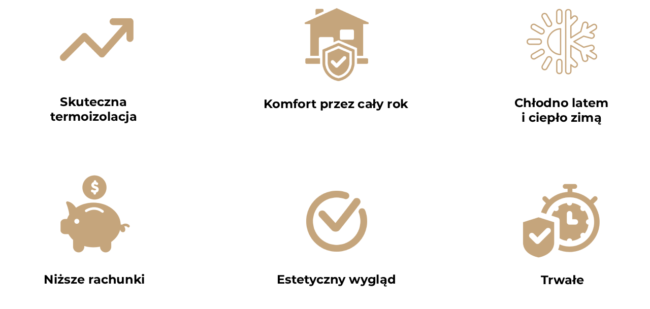 Obraz przedstawia sześć ikon opisujących zalety paneli termoizolacyjnych ThermoKork Home.